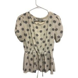 Papaya Cream Black Floral Peplum Drawstring Waist Short Sleeve Top Womens Medium